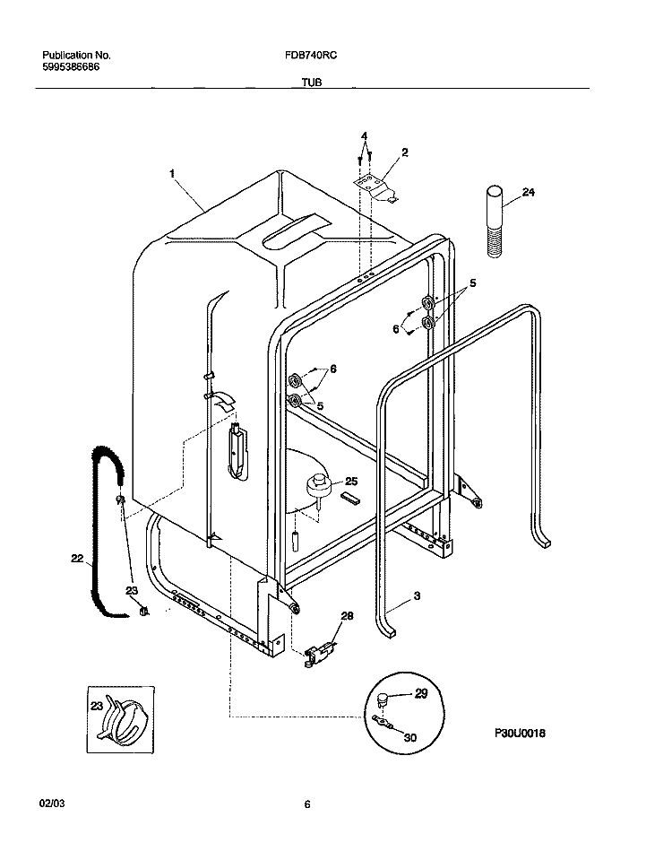 TUB Diagram and Parts List for FDB740RCS0  Frigidaire Dishwasher