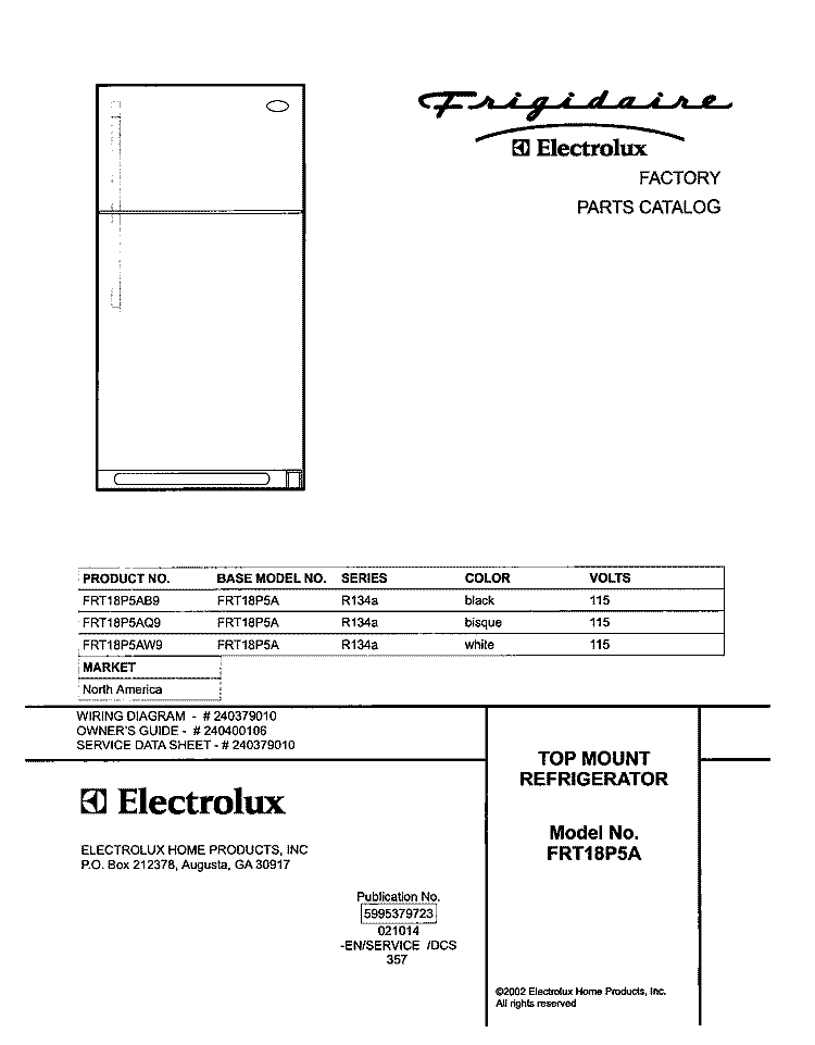 COVER Diagram and Parts List for FRT18P5AB9  Frigidaire Refrigerator