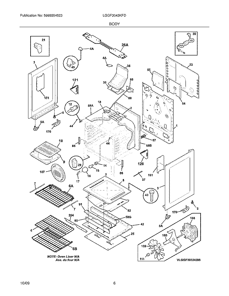 BODY Diagram and Parts List for LGGF3043KFD  Frigidaire Range