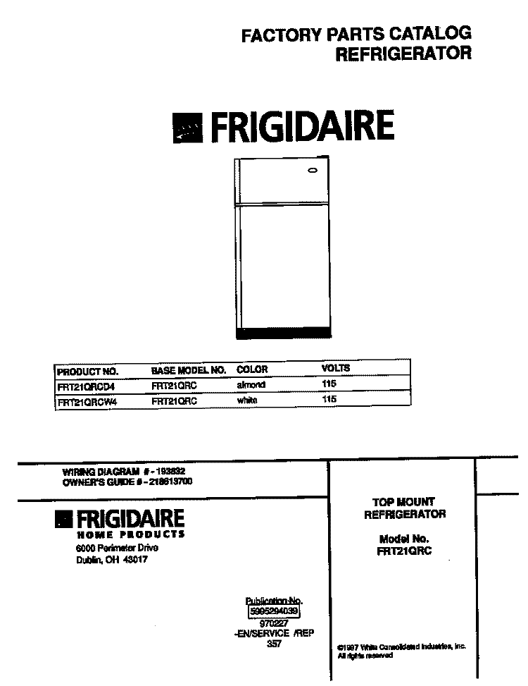 COVER Diagram and Parts List for FRT21QRCW4  Frigidaire Refrigerator