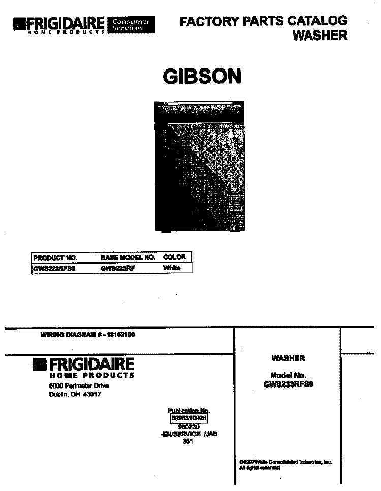 COVER Diagram and Parts List for GWS223RFS0  Gibson Washer