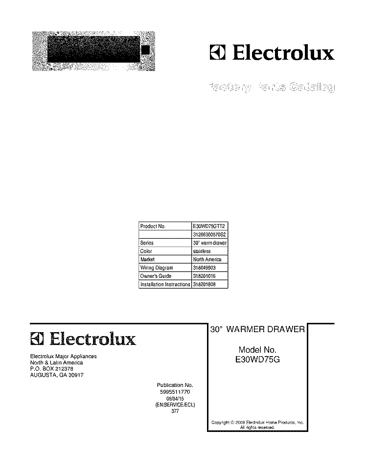 COVER Diagram and Parts List for E30WD75GTT2  Electrolux Warming Drawer