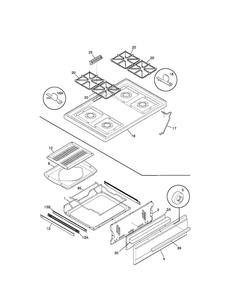 Top/drawer Diagram and Parts List for FGF316WGSG  Frigidaire Range