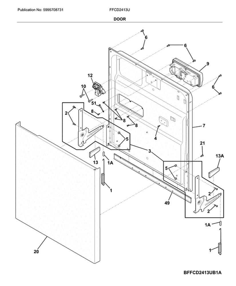 Door Diagram and Parts List for FFCD2413US1A  Frigidaire Dishwasher