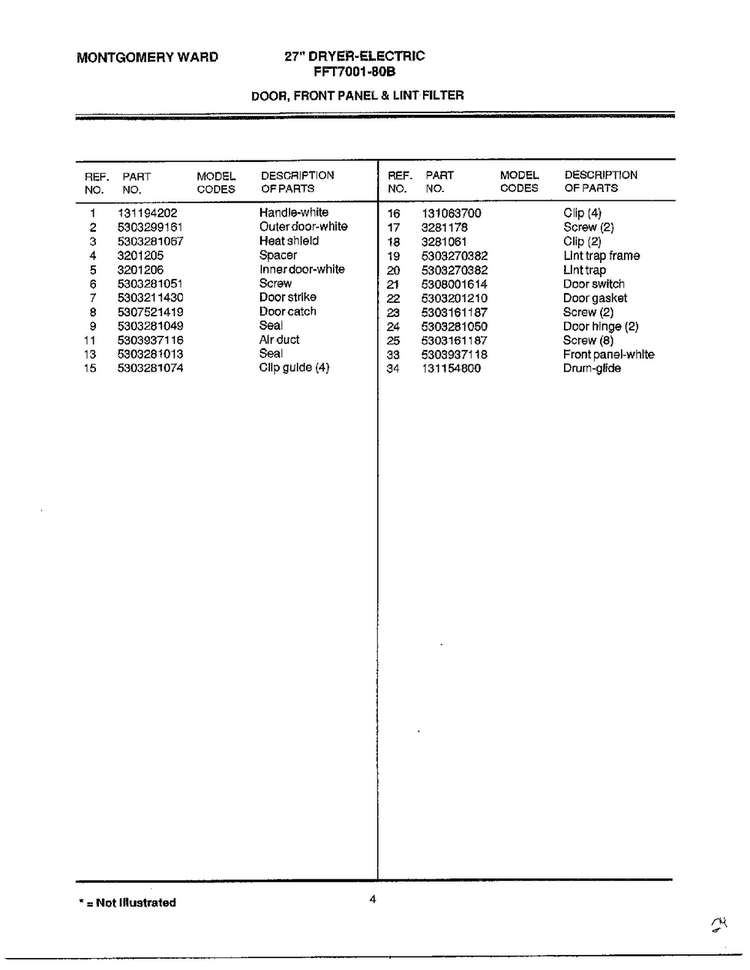 Door, Front Panel And Lint Filter Page 2 Diagram and Parts List for FFT7001-80B  Frigidaire Dryer