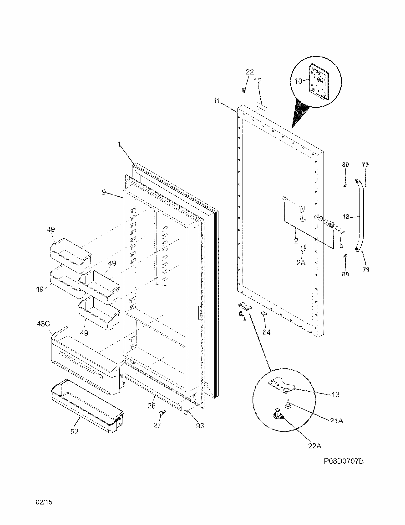 Door Diagram and Parts List for FGVU21F8QWA  Frigidaire Freezer