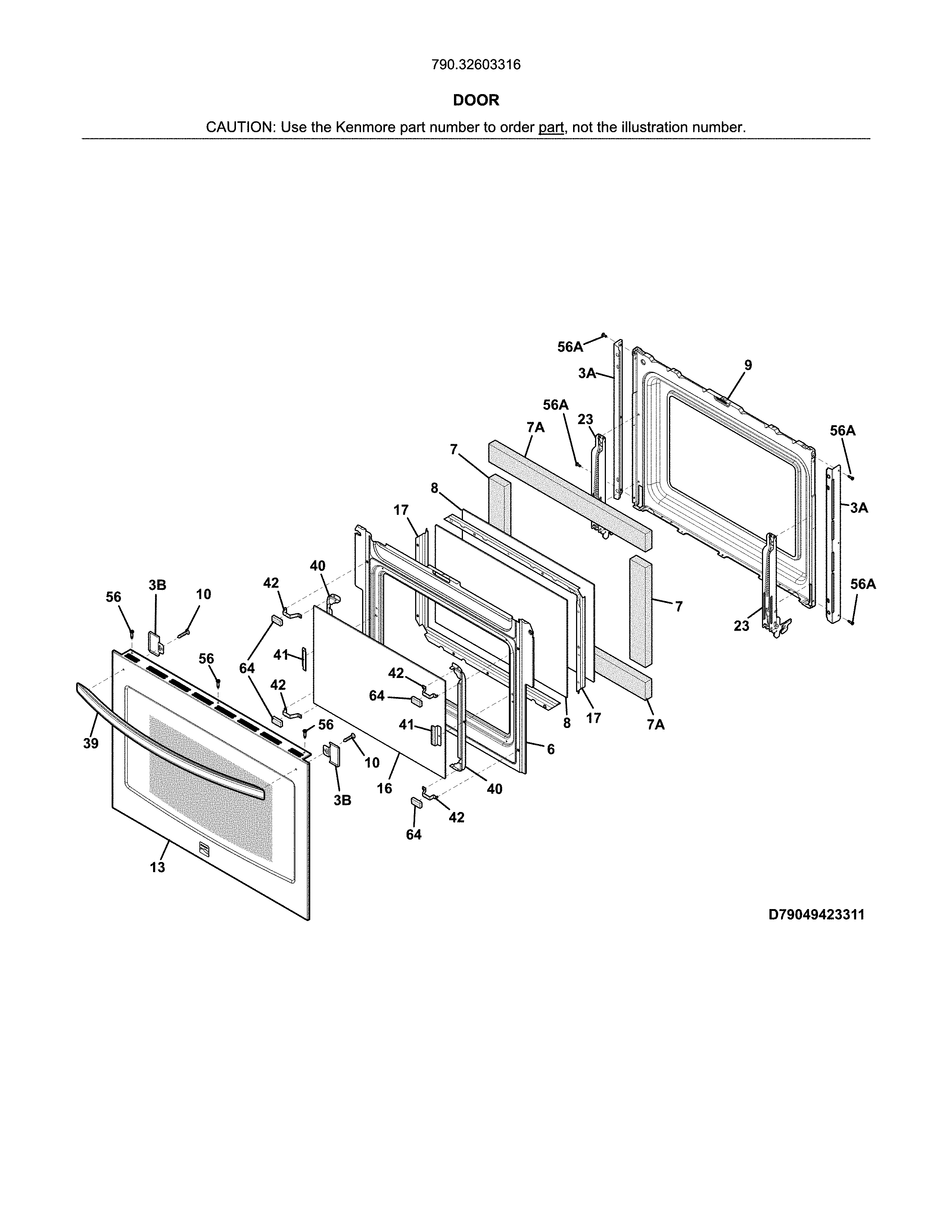 Door Diagram and Parts List for 79032603316  Kenmore Range