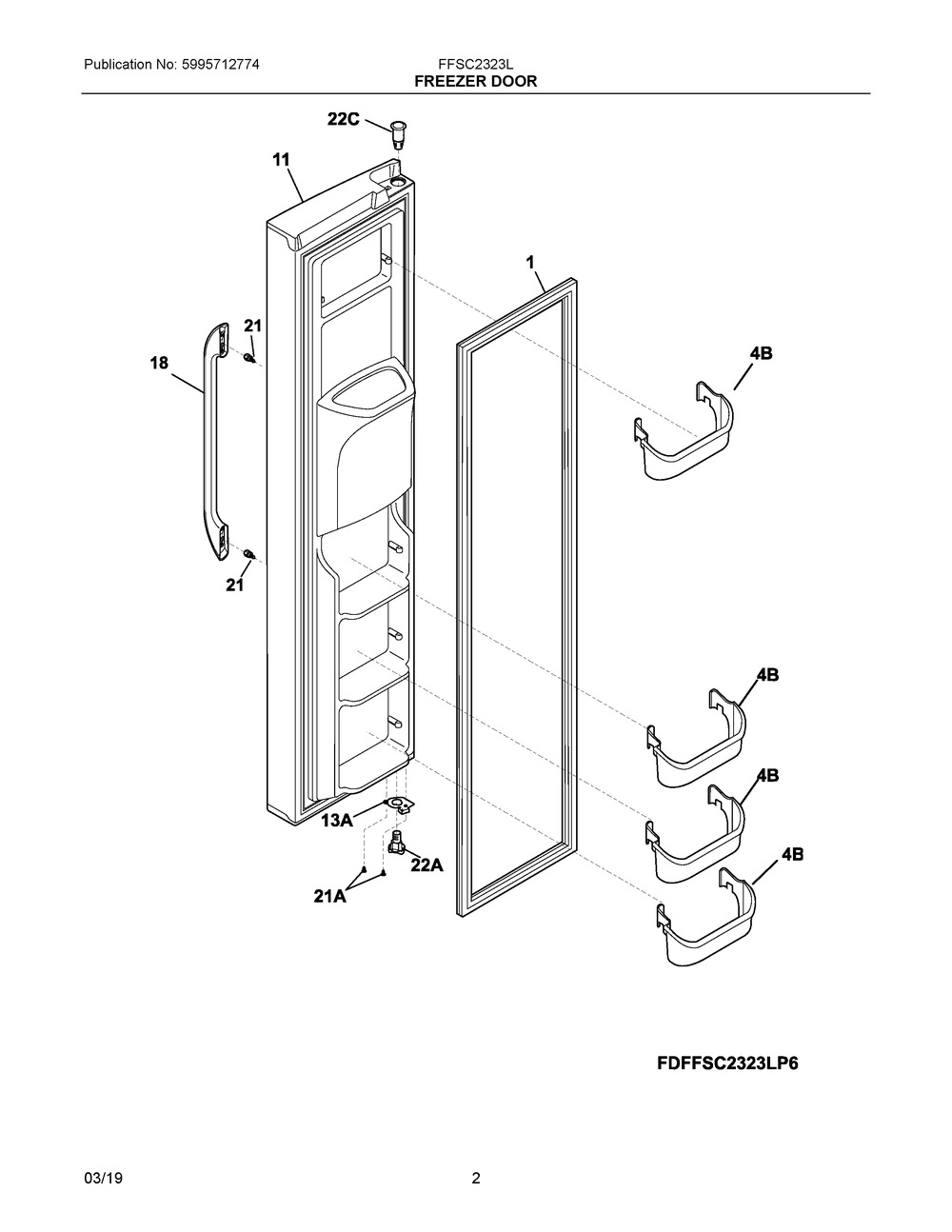 Freezer Door Diagram and Parts List for FFSC2323LECA  Frigidaire Refrigerator