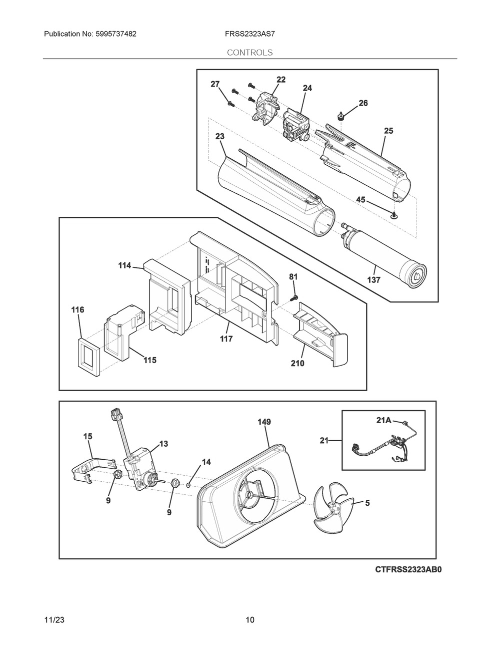Controls Diagram and Parts List for FRSS2323AS7  Frigidaire Refrigerator