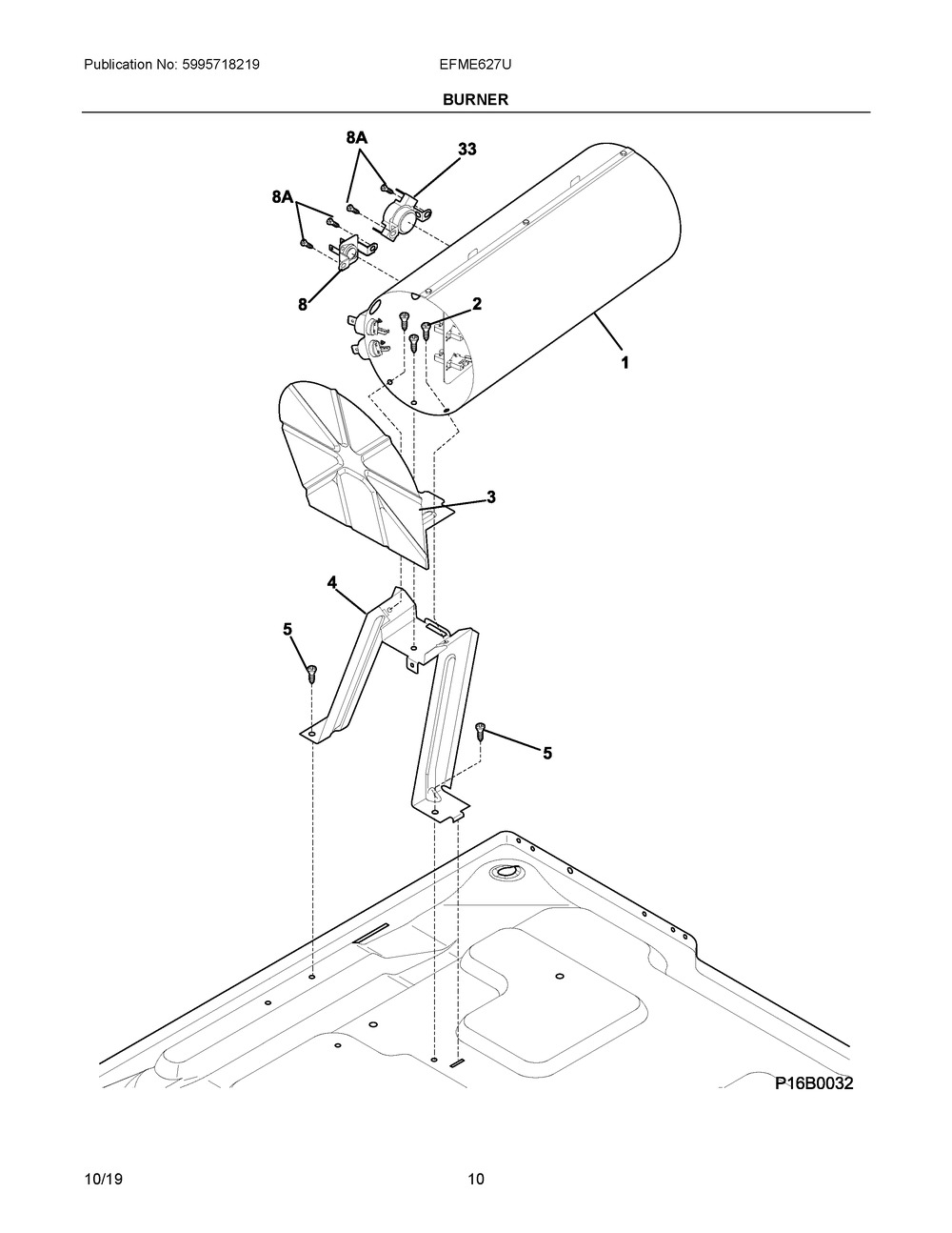 Burner Diagram and Parts List for EFME627UIW1  Frigidaire Dryer