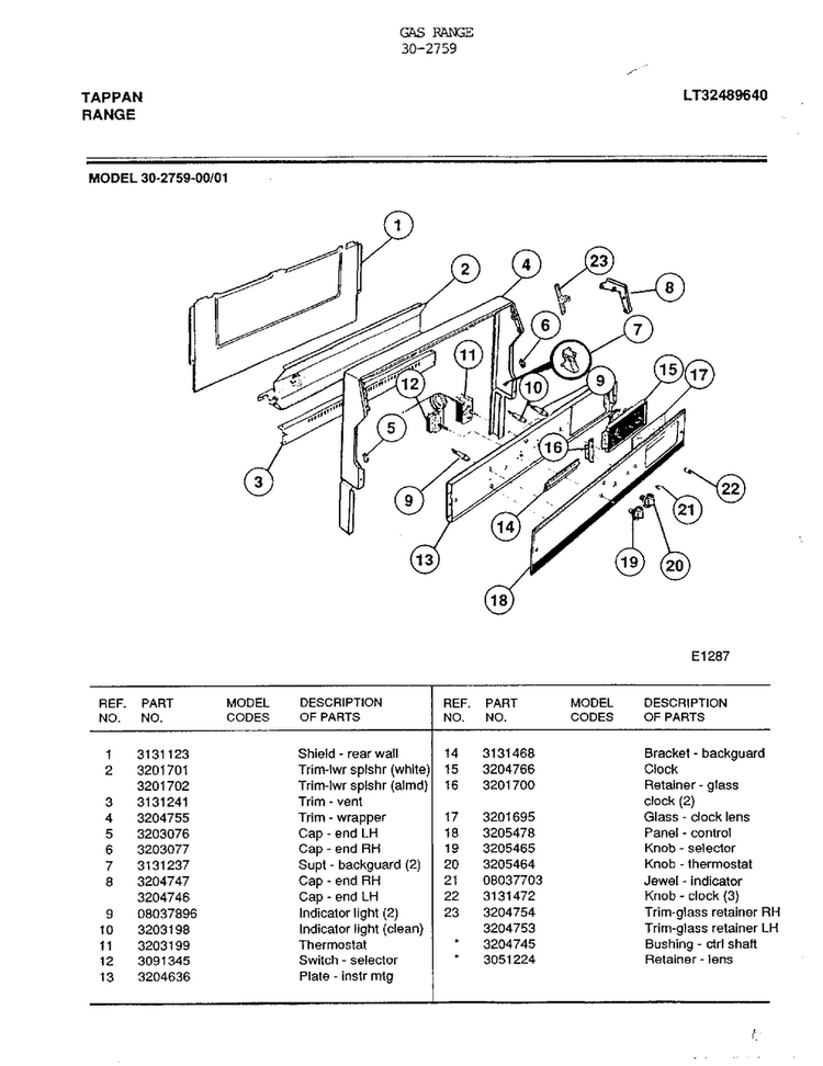 Gas Range Diagram and Parts List for 30-2759  Frigidaire Range