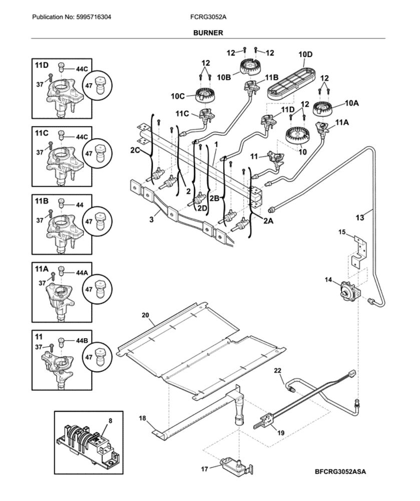 Burner Diagram and Parts List for FCRG3052AWA  Frigidaire Range