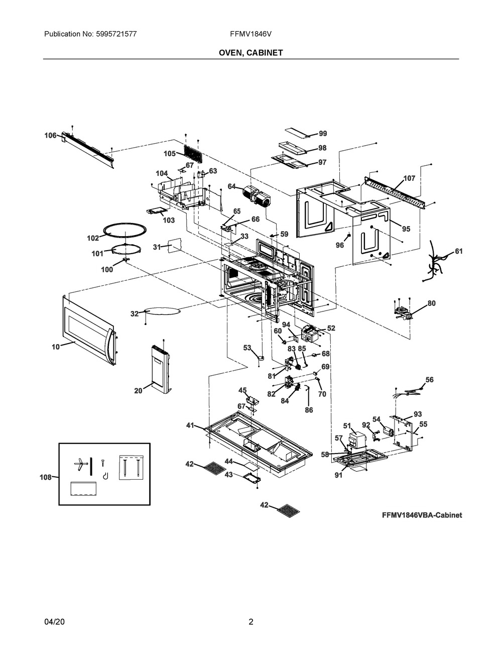 Oven, Cabinet Diagram and Parts List for FFMV1846VDA  Frigidaire Microwave