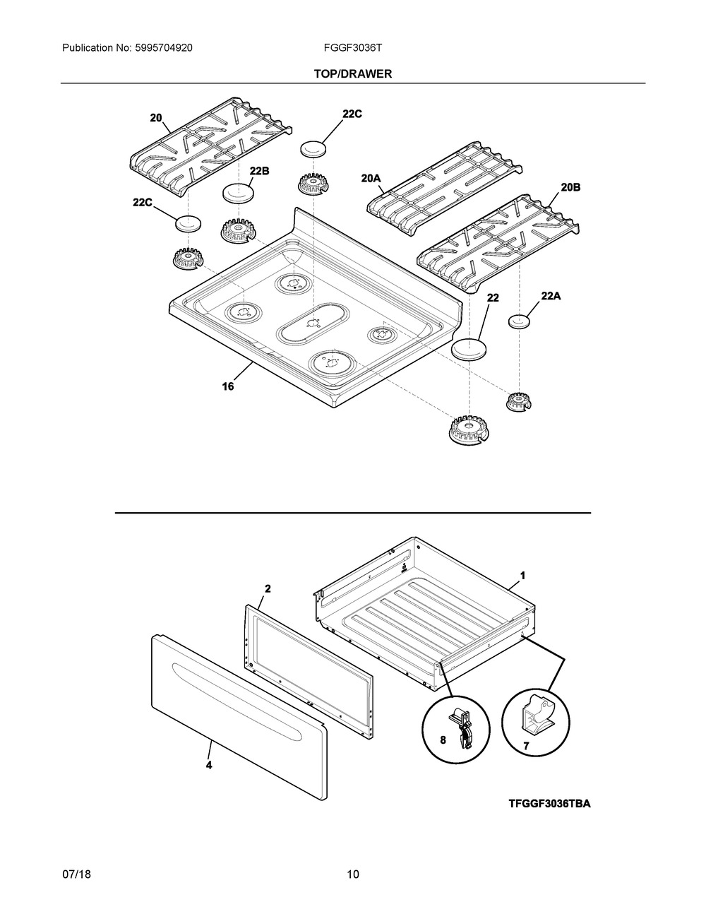 Top/drawer Diagram and Parts List for FGGF3036TWB  Frigidaire Range