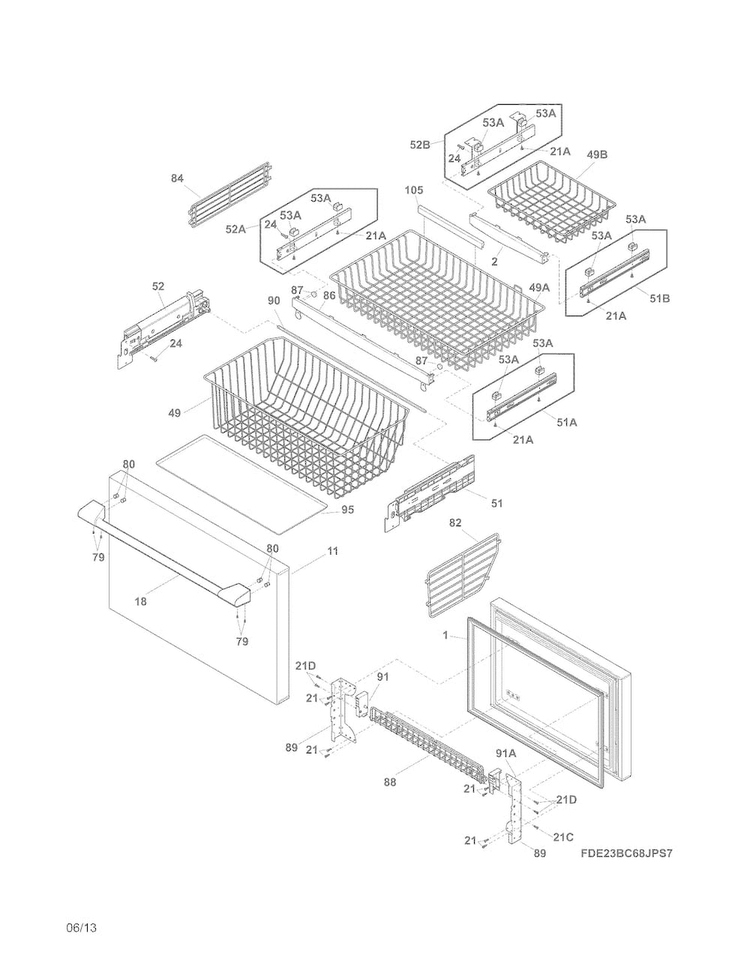 Freezer Drawer, Baskets Diagram and Parts List for E23BC68JPS9  Electrolux Refrigerator