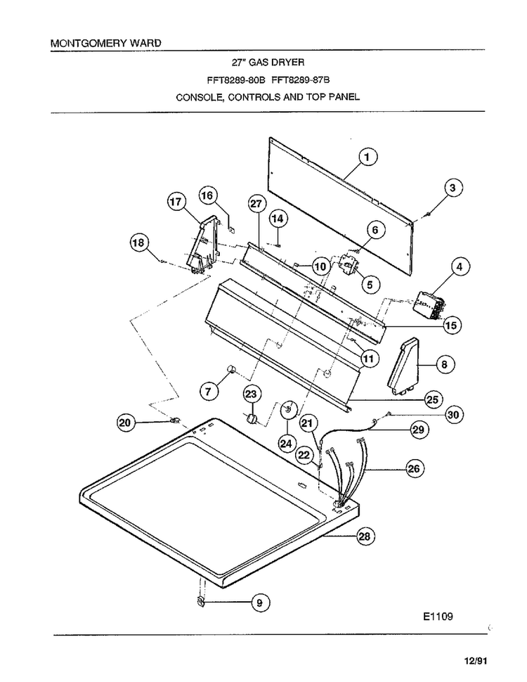 Console/controls And Top Panel Diagram and Parts List for 8289-80B  Frigidaire Dryer