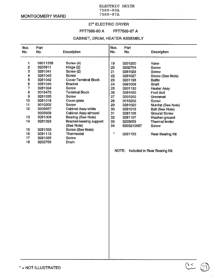 Cabinet, Drum, Heater Assembly Page 2 Diagram and Parts List for 7589-87A  Frigidaire Dryer