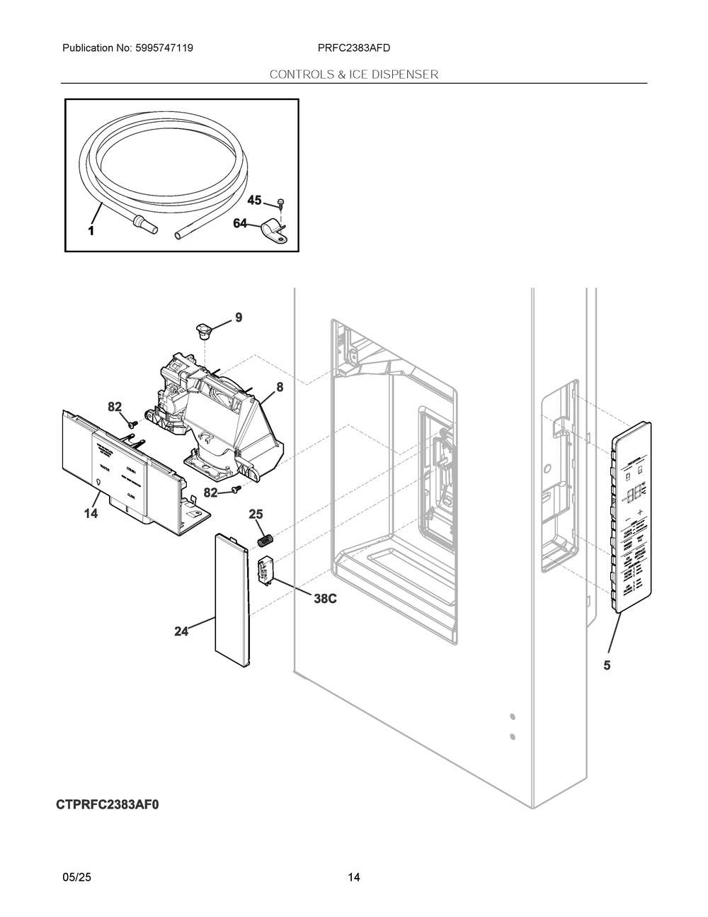 Controls And Ice Dispenser Diagram and Parts List for PRFC2383AFD  Frigidaire Refrigerator