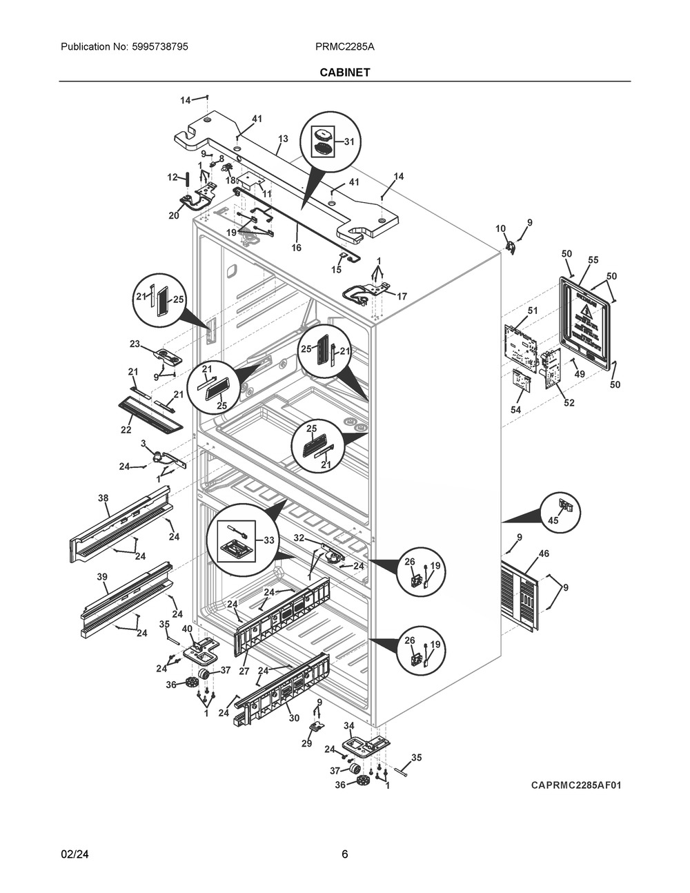 Cabinet Diagram and Parts List for PRMC2285AF02  Frigidaire Refrigerator