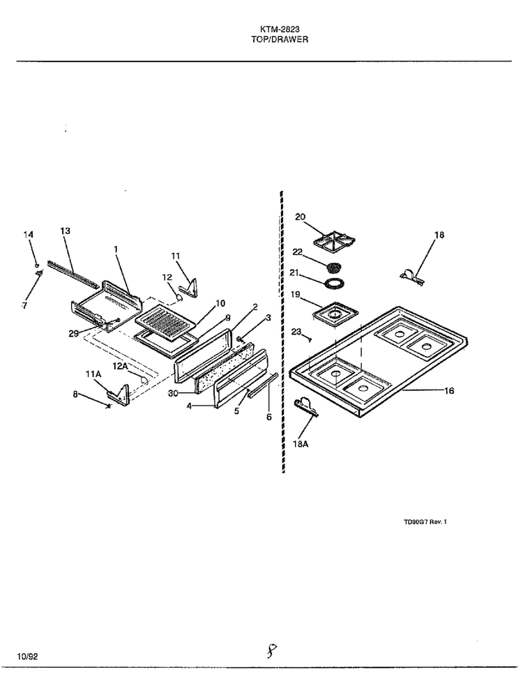 Top/drawer Diagram and Parts List for 2823  Frigidaire Range