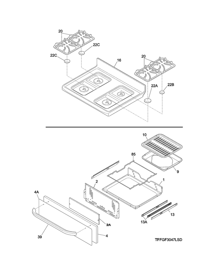 Top/drawer Diagram and Parts List for FFLF3047LSD  Frigidaire Range