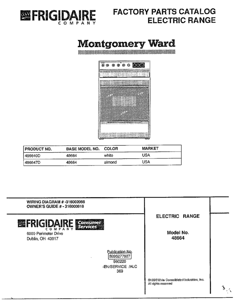 Electric Range Front Cover Diagram and Parts List for 486647C  Frigidaire Range