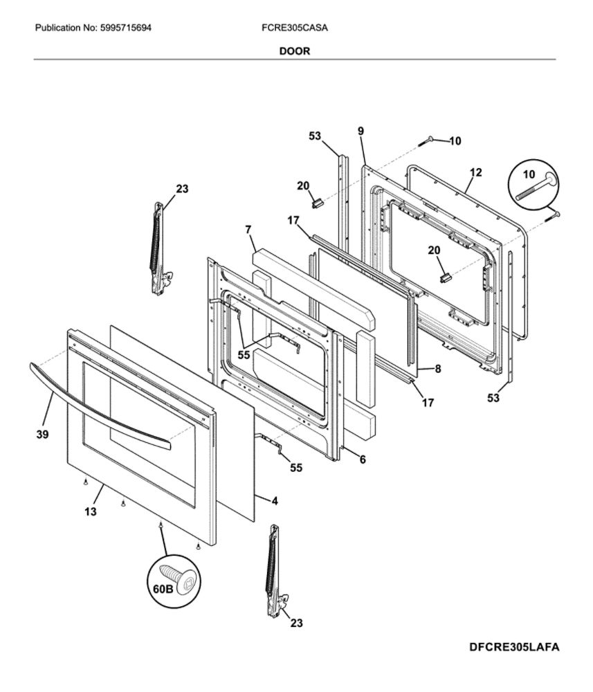 Door Diagram and Parts List for FCRE305CASA  Frigidaire Range