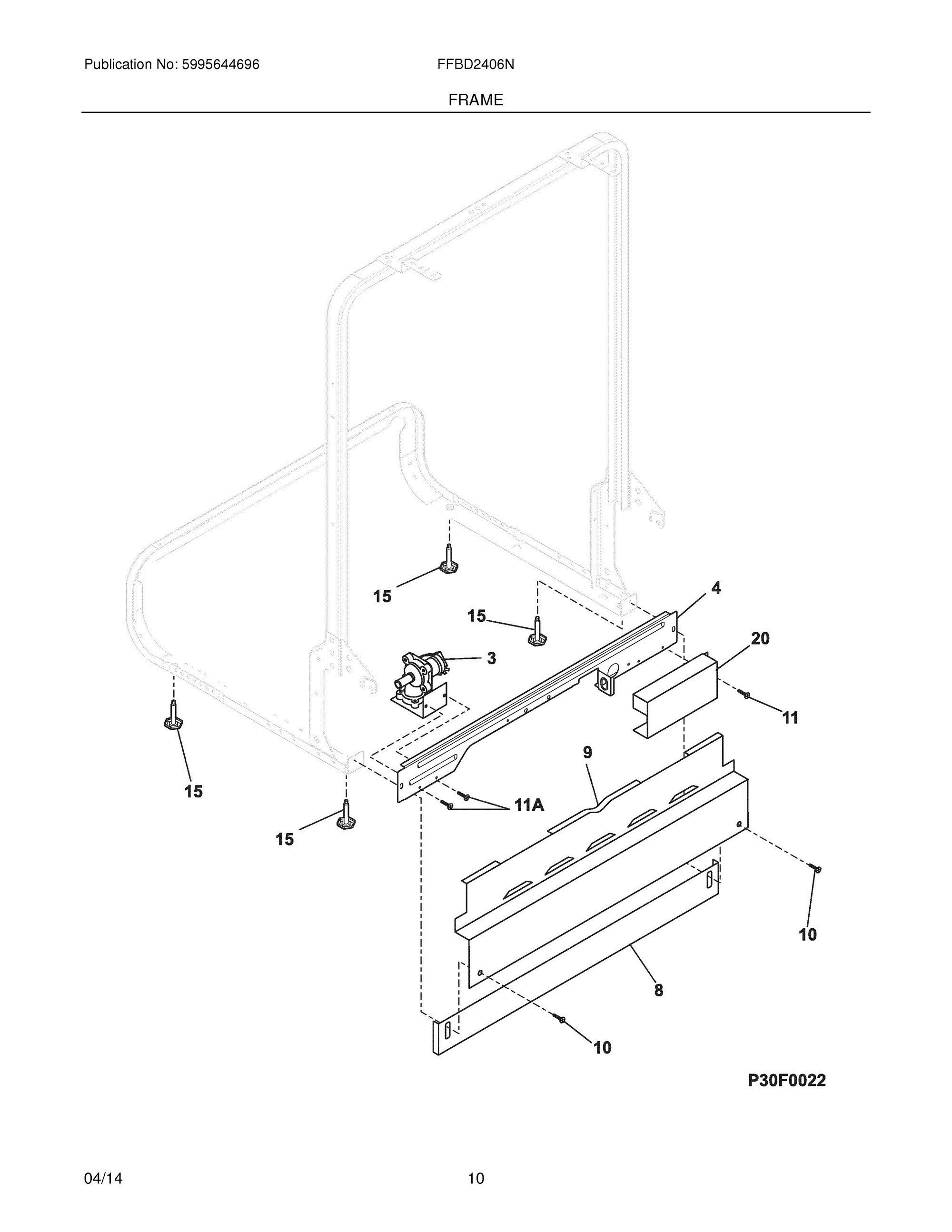 11 - FRAME Diagram and Parts List for FFBD2406NB1A  Frigidaire Dishwasher