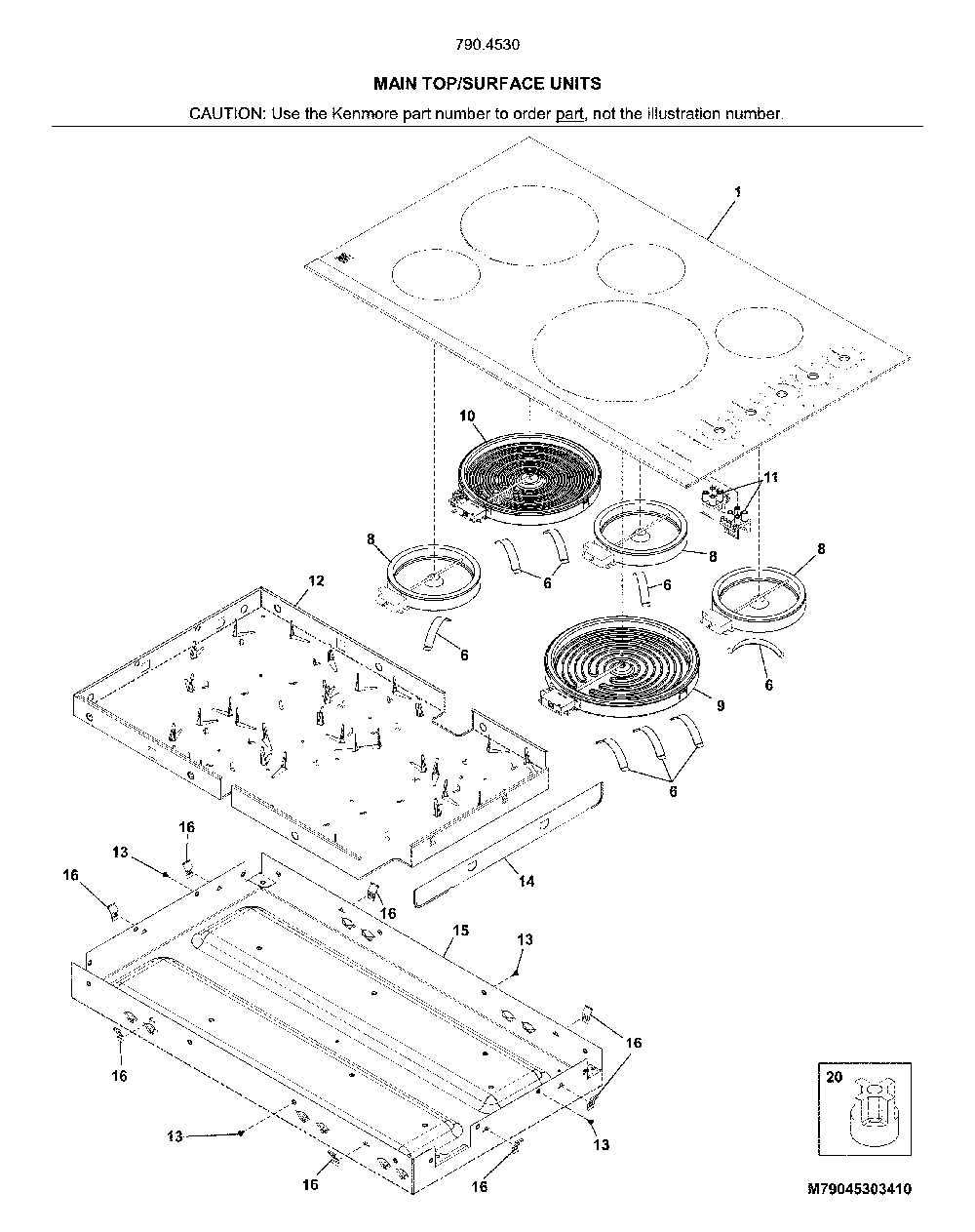 Main top/surface units Diagram and Parts List for 79045302411  Kenmore Cooktop