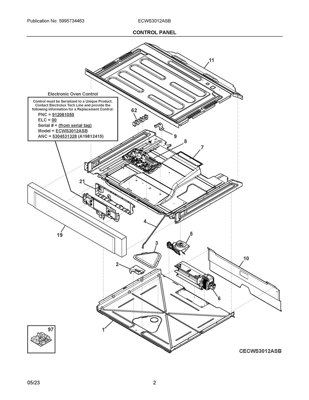 Control Panel Diagram and Parts List for ECWS3012ASB  Frigidaire Wall Oven