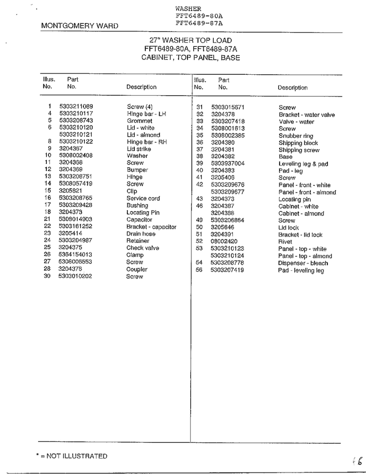 Cabinet Parts Page 2 Diagram and Parts List for 6489-80A  Frigidaire Washer