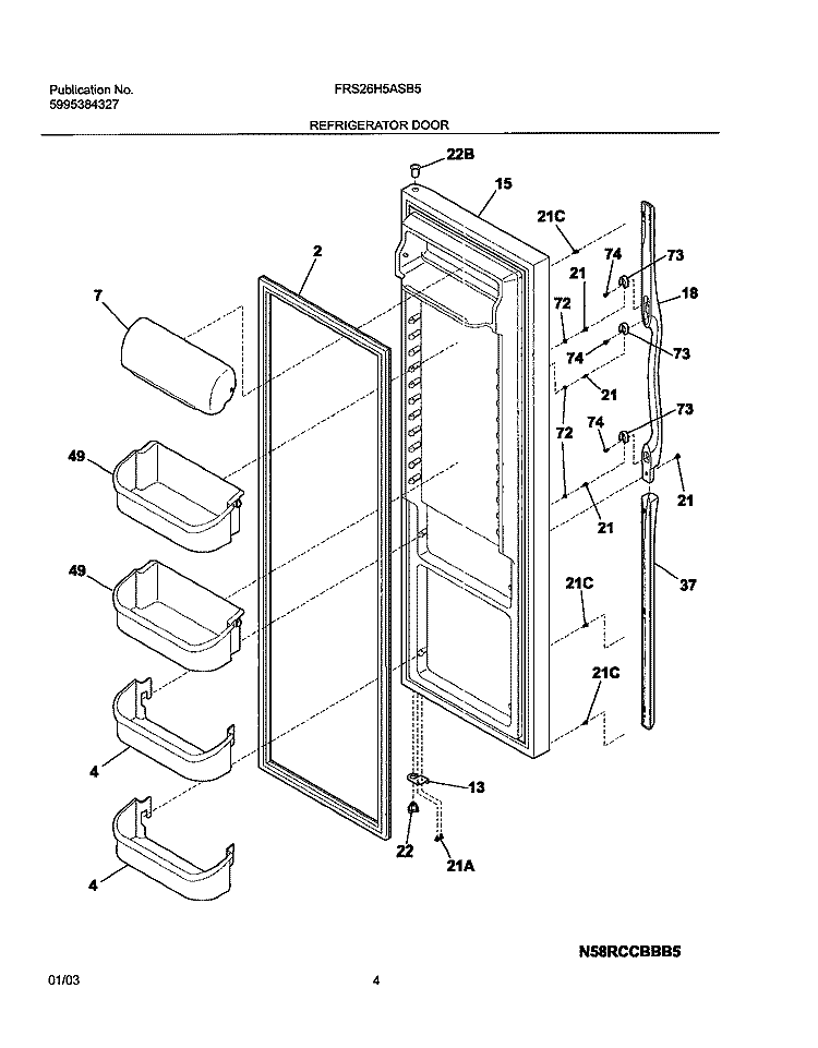 REFRIGERATOR DOOR Diagram and Parts List for FRS26H5ASB5  Frigidaire Refrigerator
