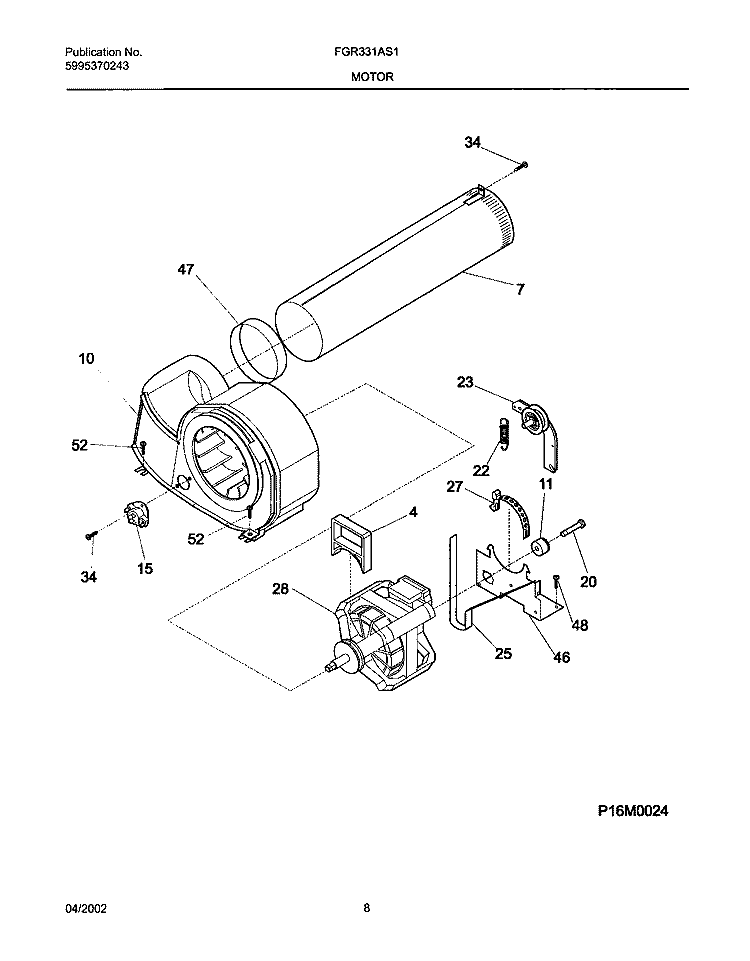 MOTOR, BLOWER Diagram and Parts List for FGR331AS1  Frigidaire Dryer