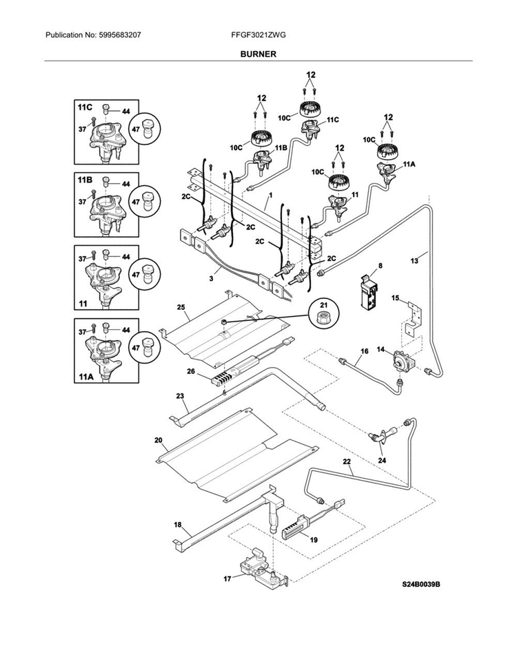 Burner Diagram and Parts List for FFGF3021ZWG  Frigidaire Range