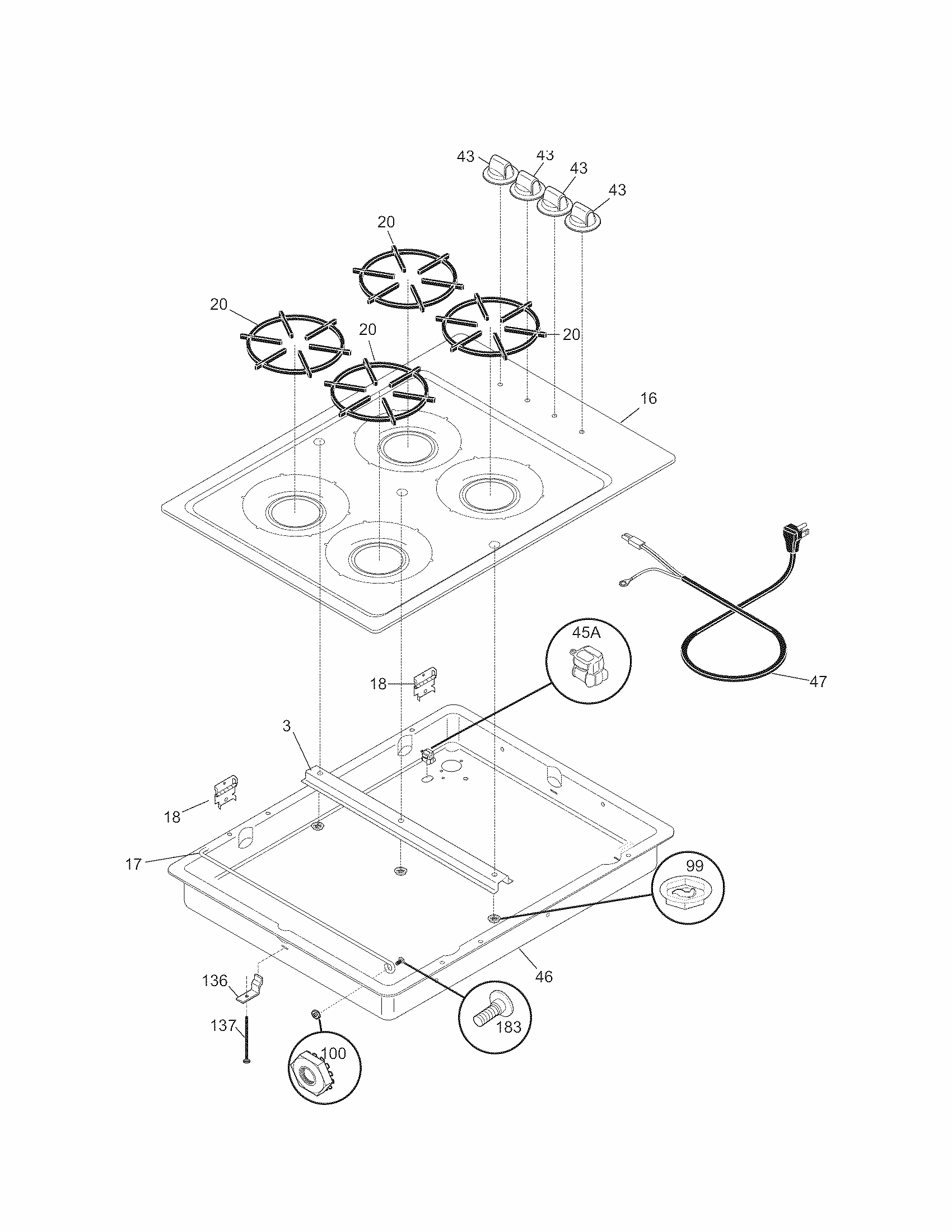 Maintop Diagram and Parts List for 79032409900  Kenmore Cooktop