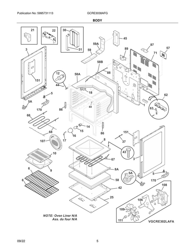 Body Diagram and Parts List for GCRE3038AFG  Frigidaire Range