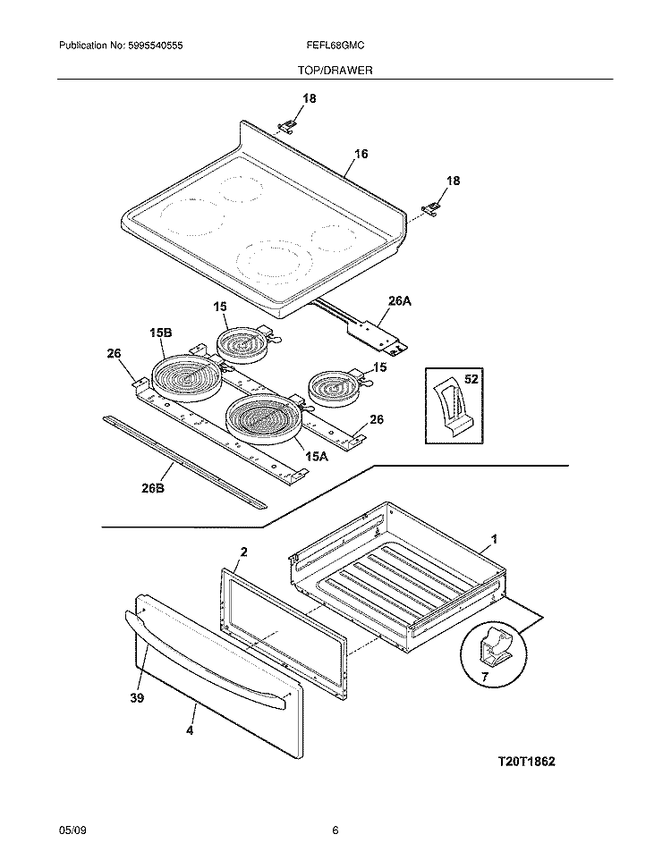 TOP/DRAWER Diagram and Parts List for FEFL68GMC  Frigidaire Range