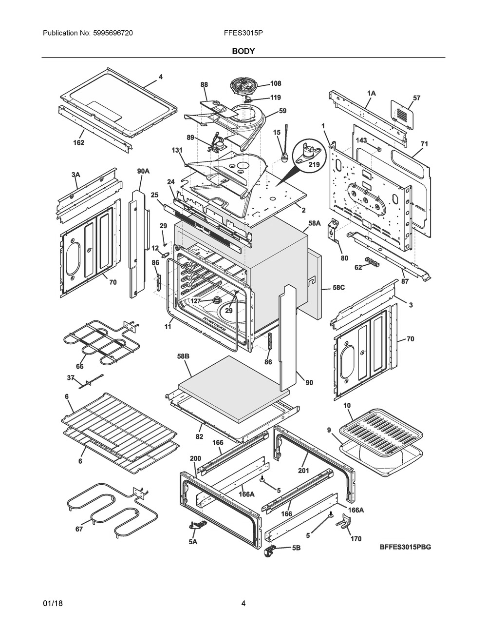 Body Diagram and Parts List for FFES3015PWH  Frigidaire Range
