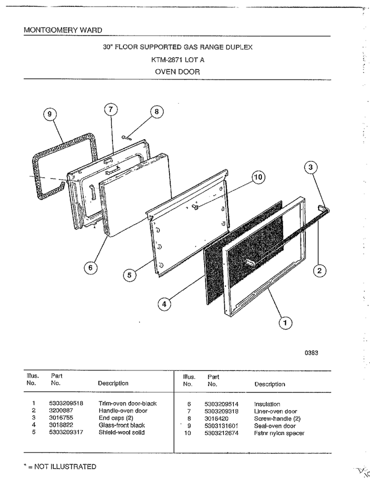 Oven Door Diagram and Parts List for 2871A  Frigidaire Range