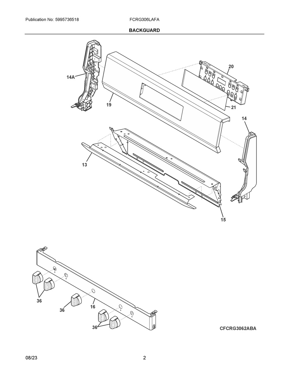 Backguard Diagram and Parts List for FCRG306LAFA  Frigidaire Range