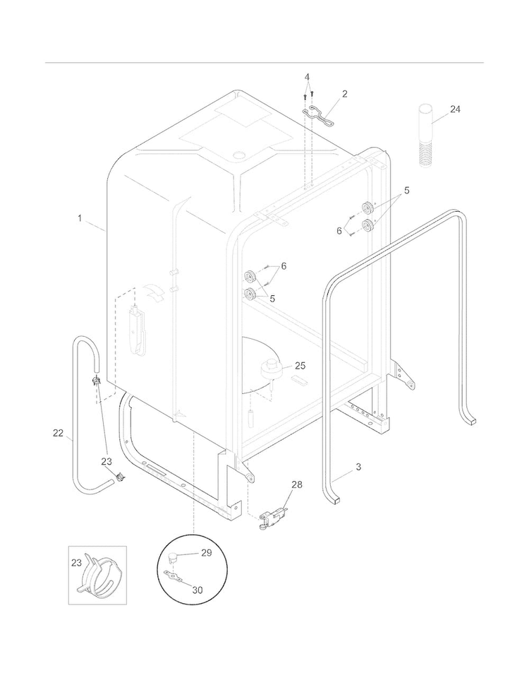 Tub Diagram and Parts List for DGBD2432KB1A  Frigidaire Dishwasher