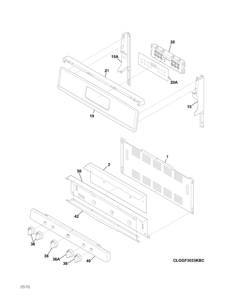Backguard Diagram and Parts List for LGGF3043KFT  Frigidaire Range