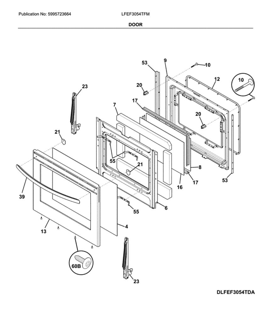 Door Diagram and Parts List for LFEF3054TFM  Frigidaire Range