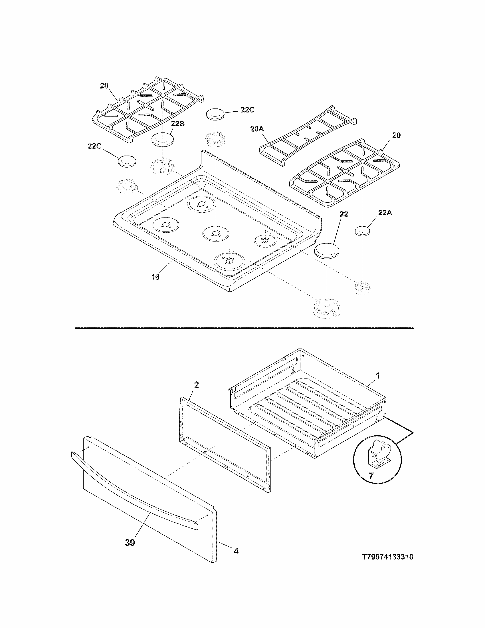 Top/drawer Diagram and Parts List for 79074133310  Kenmore Range
