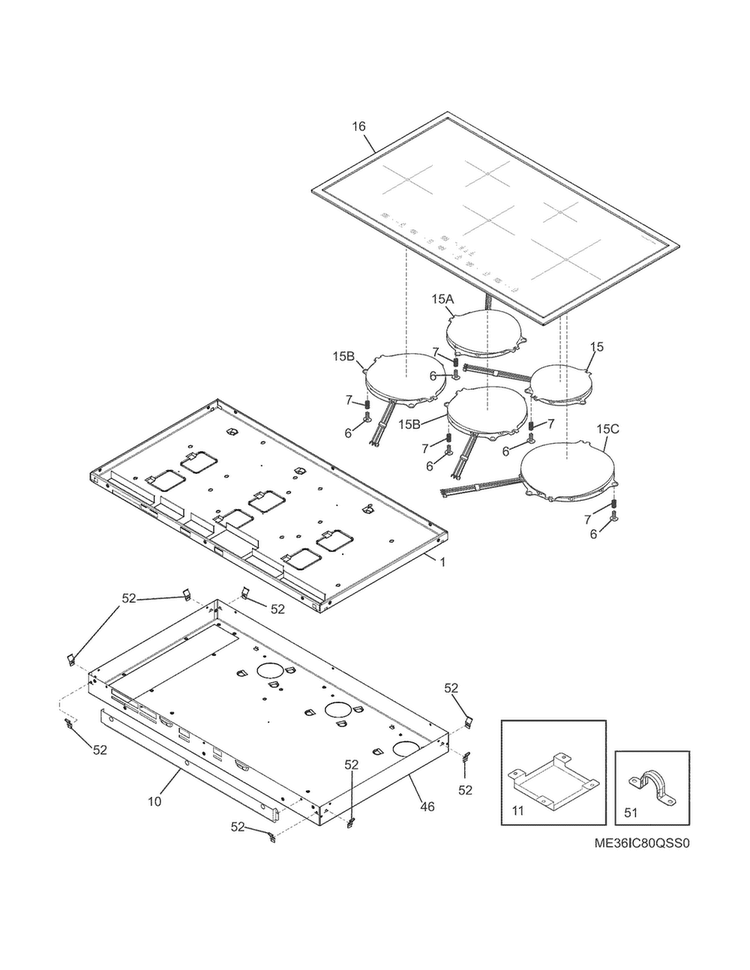 Main Top/surfcae Units Diagram and Parts List for E36IC80QSS0  Electrolux Cooktop