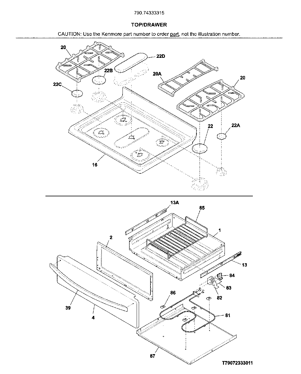 Top/drawer Diagram and Parts List for 79074333315  Kenmore Range