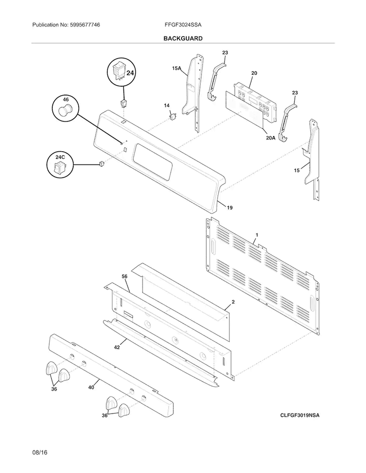 Backguard Diagram and Parts List for FFGF3024SSA  Frigidaire Range