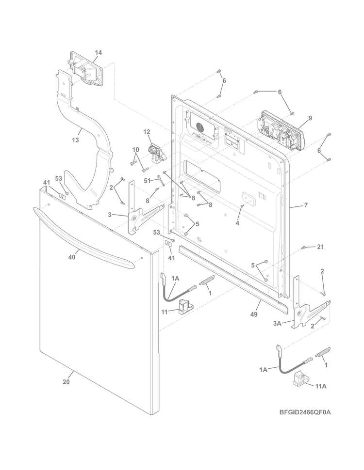 Door Diagram and Parts List for FGID2466QF1A  Frigidaire Dishwasher
