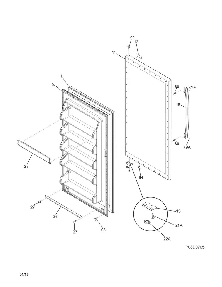 Door Diagram and Parts List for FFFU14F2QWH  Frigidaire Freezer