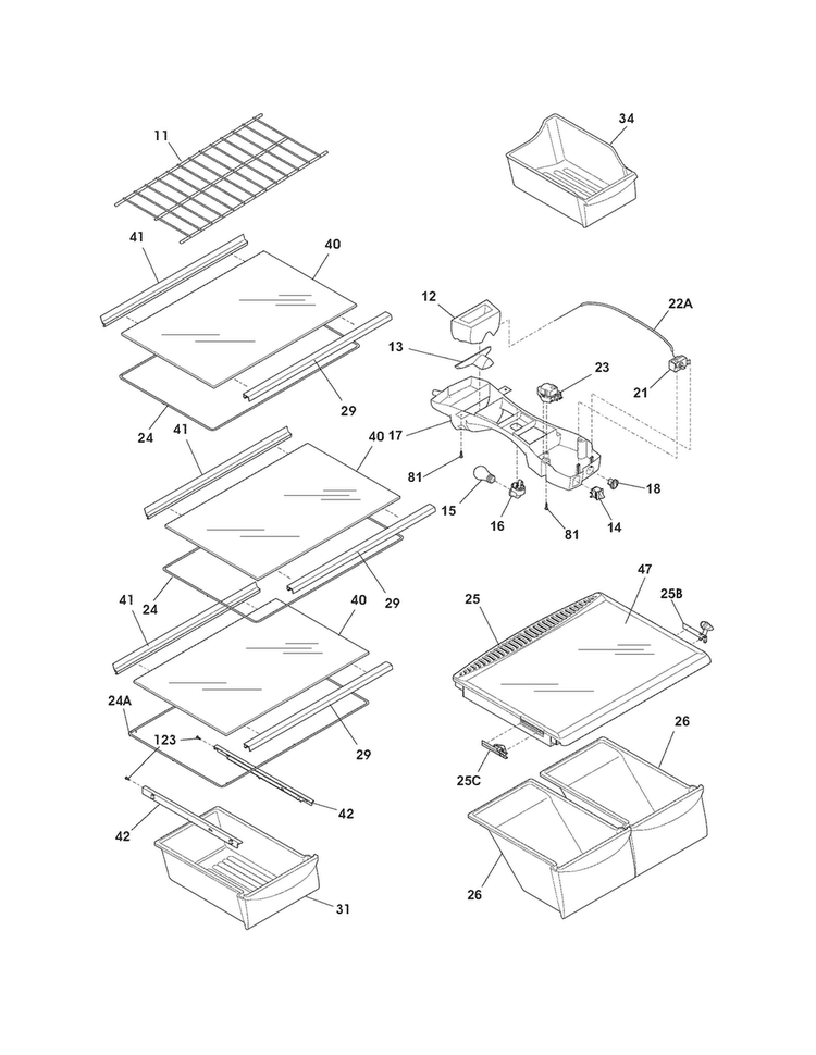 Shelves Diagram and Parts List for FFHI1817LS8  Frigidaire Refrigerator
